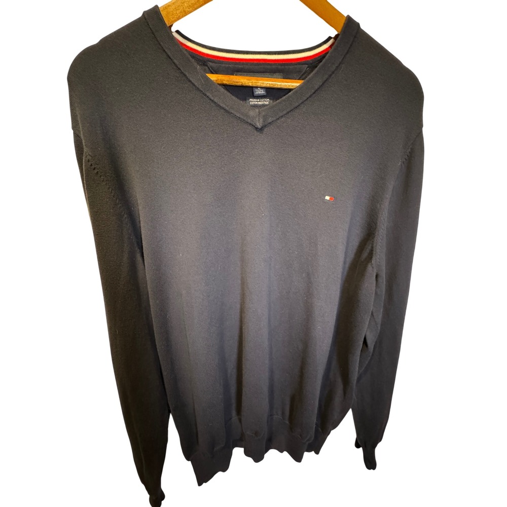 Tommy Hilfiger Mens XL Premium Cotton V-Neck Sweater Navy Blue Pullover Logo